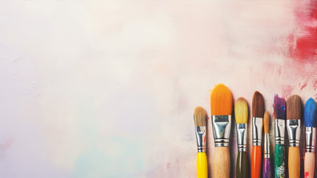 Displaying a set of artist brushes, paints, and a canvas, capturing the essence of creativity and artの素材