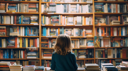 Child in a library, surrounded by books, a universe of stories waiting to be exploredの素材