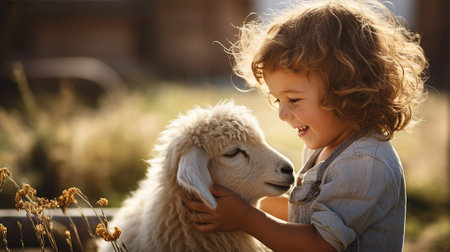 Child on a farm, the joy of feeding animals and understanding the circle of lifeの素材