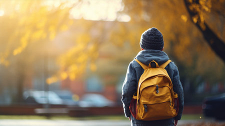 Child with a backpack, eagerly awaiting the school bus, a mix of nerves and excitementの素材