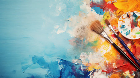 Displaying a set of artist brushes, paints, and a canvas, capturing the essence of creativity and artの素材