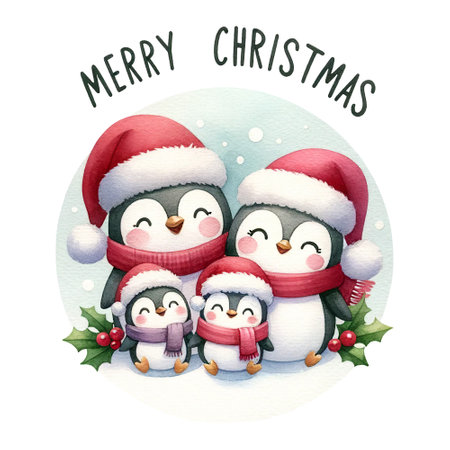 Adorable penguins in winter attire, standing together with snowfall background, adorned with Christmas holly and snowflakes, Merry Christmas quoteの素材