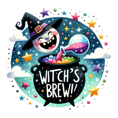 Joyful witch pouring magical brew with stars, clouds, and vibrant universe background, Witch's brew quoteの素材