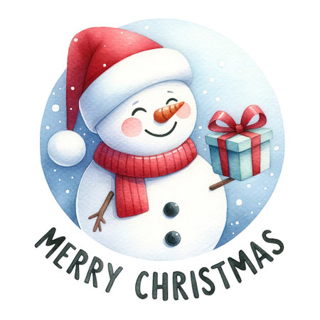 Smiling snowman wearing red scarf and hat, holding wrapped gift beside him, Merry Christmas text and snow in backgroundの素材