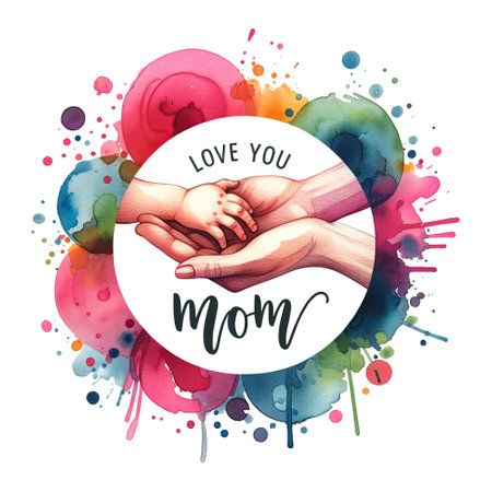 Two hands intertwined in heartwarming embrace against colorful watercolor background with Love You Mom textの素材