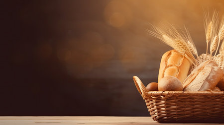 A basket of freshly baked bread. Web banner with copy space. Generative AIの素材