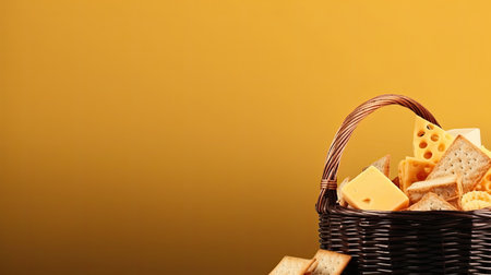 A basket of cheese and crackers. Web banner with copy space. Generative AIの素材