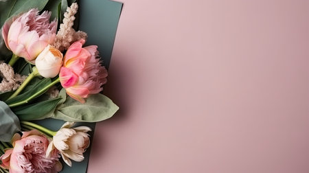 A bouquet of flowers with a tag, for Mothers Day, Birthday, Valentine's Day, romantic gift. Web banner with copy space. Generative AIの素材