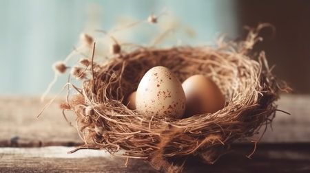 A small birds nest with eggs. Web banner with copy space. Generative AIの素材