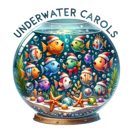 Snow globe with fish in Santa hats, surrounded by festive flora and bubbles, starfish and ornaments scattered around, Underwater Carols quote, watercolor clipart, isolatedの素材