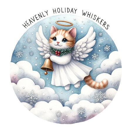 Angel cat with wings floating among snowy clouds, holding bell, Halo atop its head and festive wreath around neck, Heavenly Holiday Whiskers quote, watercolor clipart, isolatedの素材