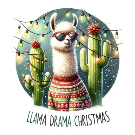 Stylish llama in festive sweater, surrounded by cacti with Christmas lights, embodies the holiday spirit with playful twist, Llama Drama Christmas quote, watercolor clipart, isolatedの素材