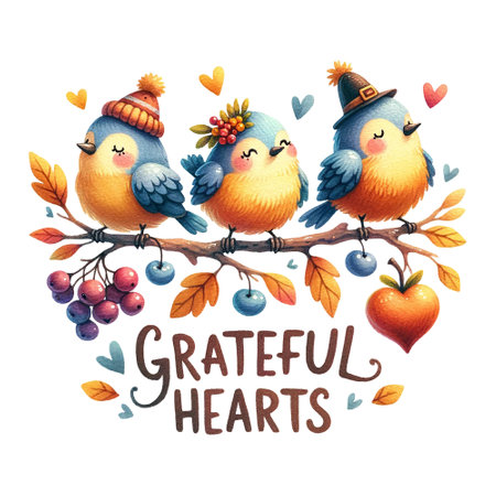 Cheerful birds adorned with autumnal attire perch on branch, Grateful Hearts quote, watercolor clipart, isolatedの素材