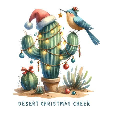 Cactus adorned with festive lights and ornaments, accompanied by a cheerful bird, Desert Christmas cheer quote, watercolor clipart, isolatedの素材