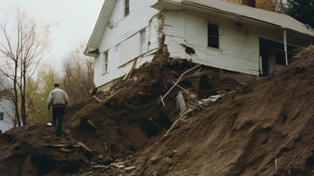 A man stands near a white house damaged by a landslide, with soil and debris aroundの素材