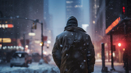 Person in a snowstorm at night with city lights and snowflakes falling aroundの素材