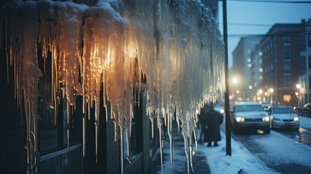 Icicles illuminated by warm light hang from a building's edge at duskの素材