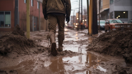 Person walking through a muddy city street, with dirty boots and a reflection in a puddleの素材