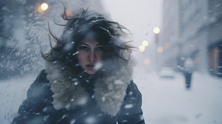 Woman with snow in her hair facing a blizzard in the cityの素材