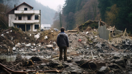 A solitary figure stands amidst the ruins of a devastated landscape, observing the damageの素材