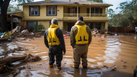 Two individuals in life vests observe a flooded house, standing in deep waterの素材