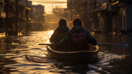 Two volunteers in a boat navigating through a flooded urban areaの素材