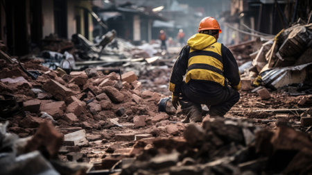 A worker surveys the rubble of a collapsed building, reflecting on the devastationの素材