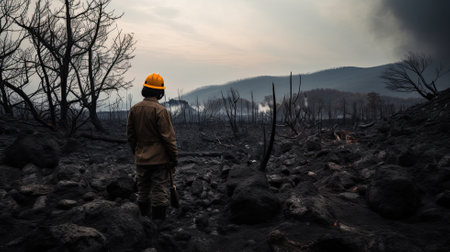 A worker in a hard hat surveys the aftermath of a volcanic eruption amid charred terrainの素材