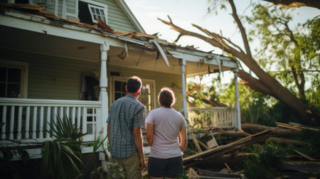 Couple stands by their damaged home with a fallen tree on the roofの素材