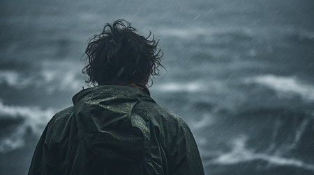 An individual faces a storm at sea, rain pouring, with turbulent waves in the backgroundの素材