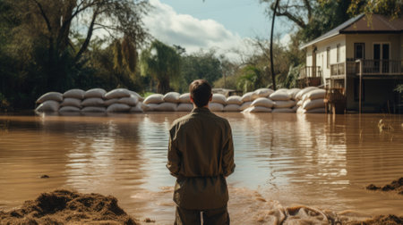 A person observes a flooded area protected by sandbags in front of housesの素材