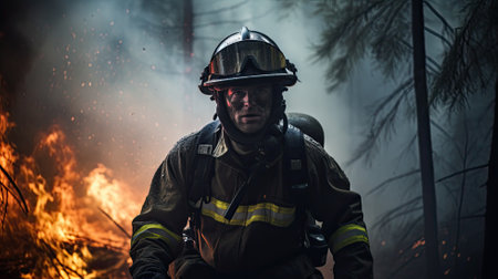 A firefighter in front of a blazing forest fire, smoke billowing aroundの素材