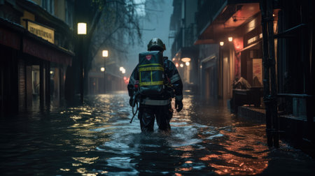 A rescue worker wades through a flooded street, lights glowing in the misty backgroundの素材