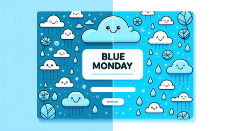 Cute animated clouds expressing various emotions on vibrant blue background, Blue Monday, most depressing day, background with copy spaceの素材