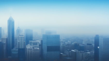 Foggy skyline showcasing tall skyscrapers with varying architectural designs, Blue Monday, most depressing day, background with copy spaceの素材