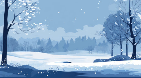 Snowy landscape with trees, river, and distant forestの素材
