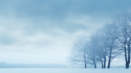 Misty winter morning with silhouetted trees against a soft blue skyの素材
