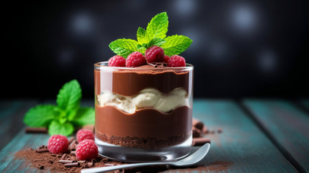 Layered chocolate mousse with raspberries and mint on a dark tableの素材