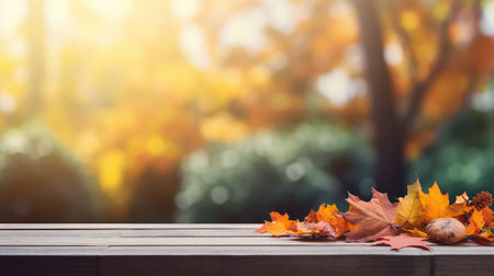Wooden table with autumn leaves and nuts against a golden backdropの素材