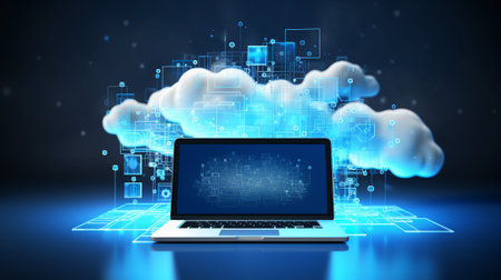 Digital representation of cloud computing with laptop and virtual interfaceの素材