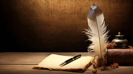 Quill on aged paper with inkpot, dried flowers, and leatherの素材