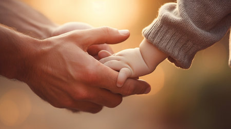 Adult hand holding a baby's hand in a tender momentの素材