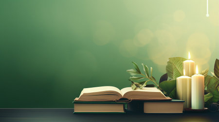 Calm reading space with book, candles, and green leaves, green bokeh lights.の素材