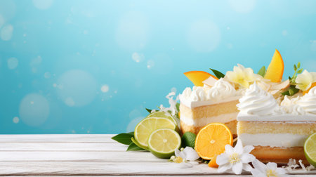 Layered citrus cake with cream frosting, orange and lime slices on a white and blue backgroundの素材