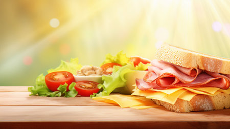Sandwich with ham, cheese, and tomatoes on a sunny wooden boardの素材