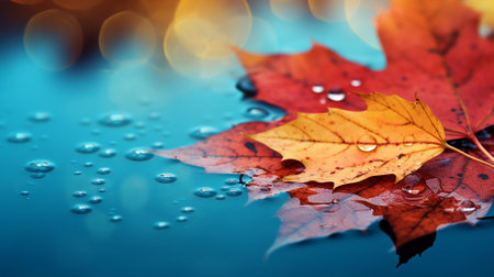 Autumn leaves with water droplets on a blue reflective surfaceの素材