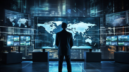 A man in a dark room analyzing a global data network on screensの素材