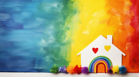A paper house against a rainbow watercolor backdrop, symbolizing hope and diversityの素材