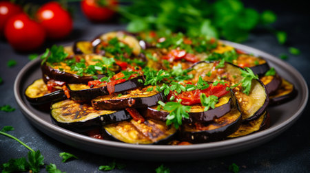 Grilled eggplant slices topped with tomato sauce and fresh parsleyの素材