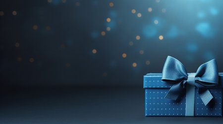 An elegant blue gift box with a satin ribbon and bokeh lights in the backgroundの素材